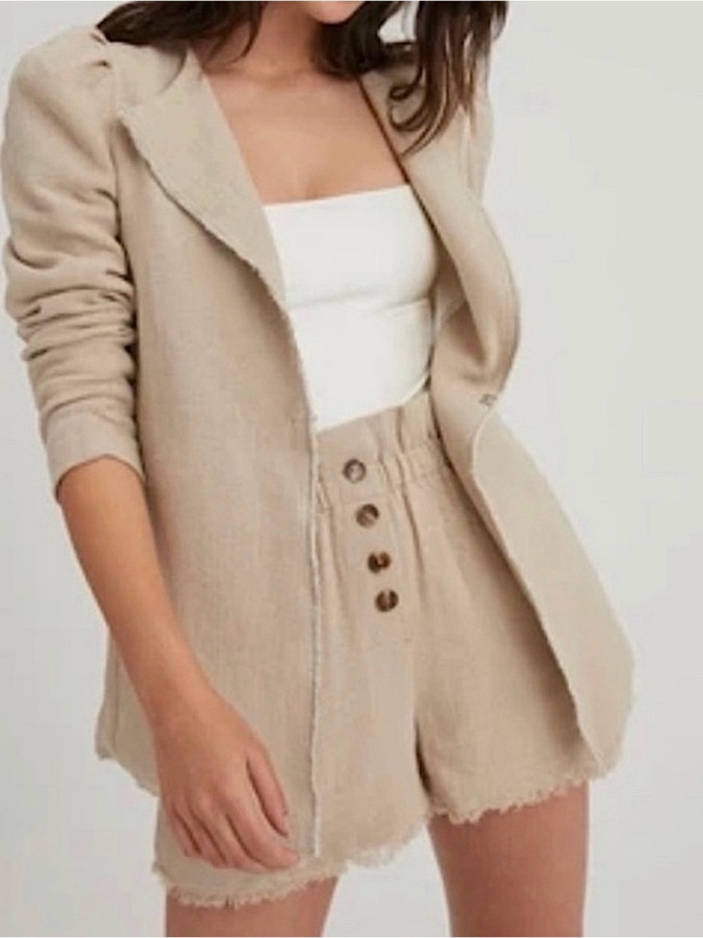 Something Navy Linen Blend Puff Sleeve Blazer Beige